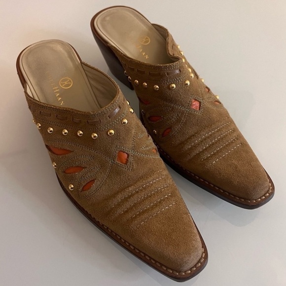 COLE HAAN | Cowboy Bohemian Tan Suede Mules Studded Detail for Free Spirited - Picture 5 of 7
